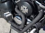 This was a set of Muzzy pipes that I left the megaphone mufflers off of.  I added 4" baffles wich actually toned the sound down tremendously. I wrapped them with header wrap from Jeg's.  You can actually lay your hand on them with the bike running and not get burned! 